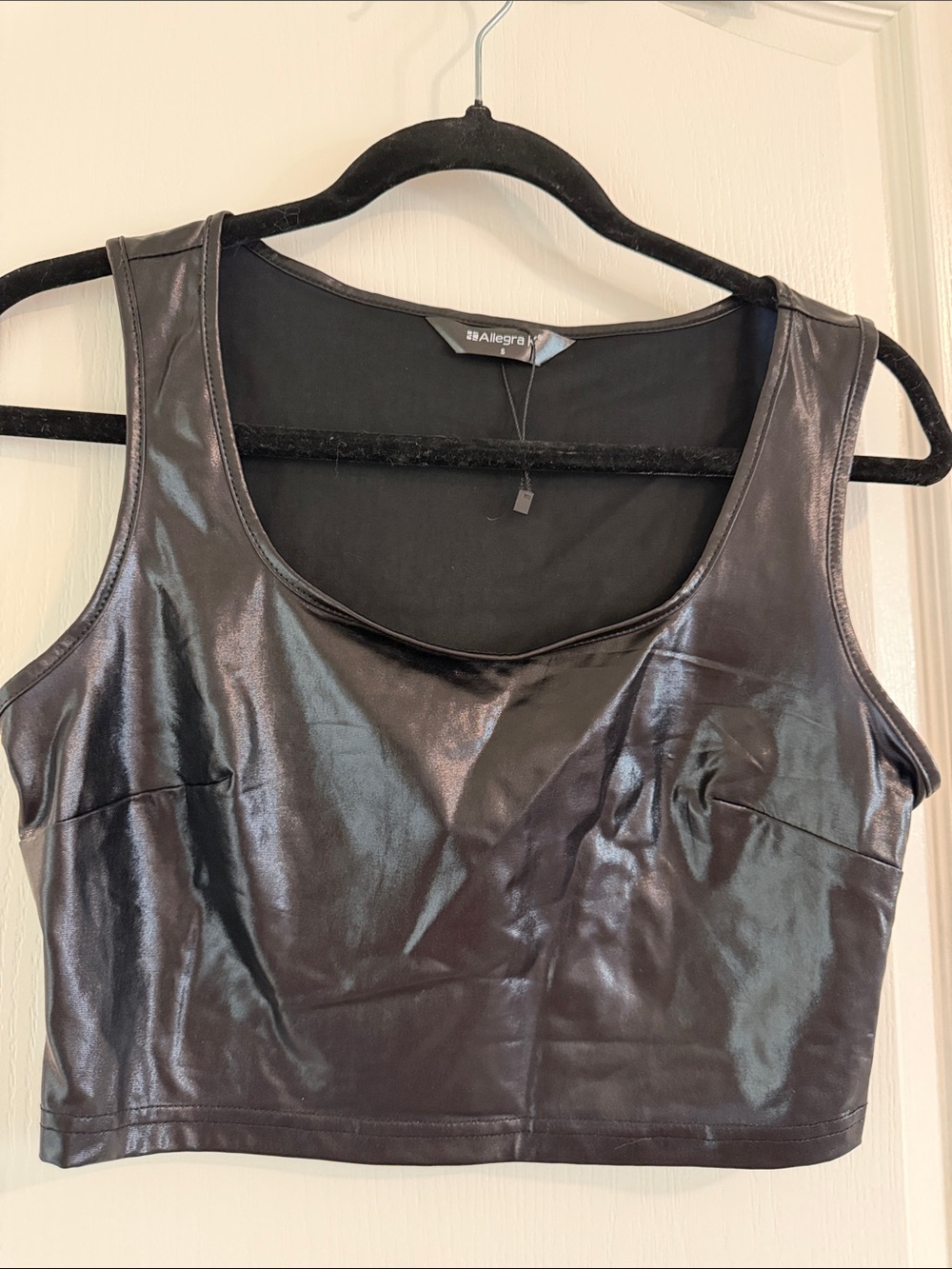 Allegra K Shiny Black Faux Leather Cropped Tank